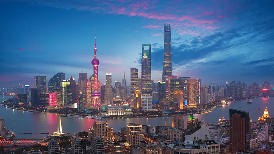 The Bund at Night - Shanghai skyline with historic buildings along the Huangpu River