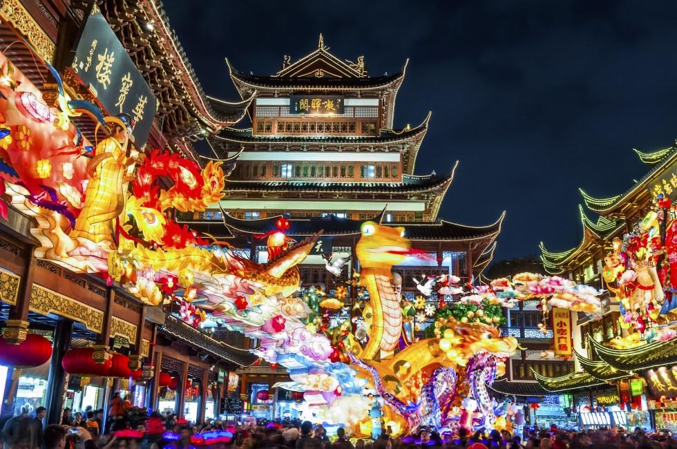 Yu Garden - Traditional Chinese garden with pavilions and ponds illuminated at night